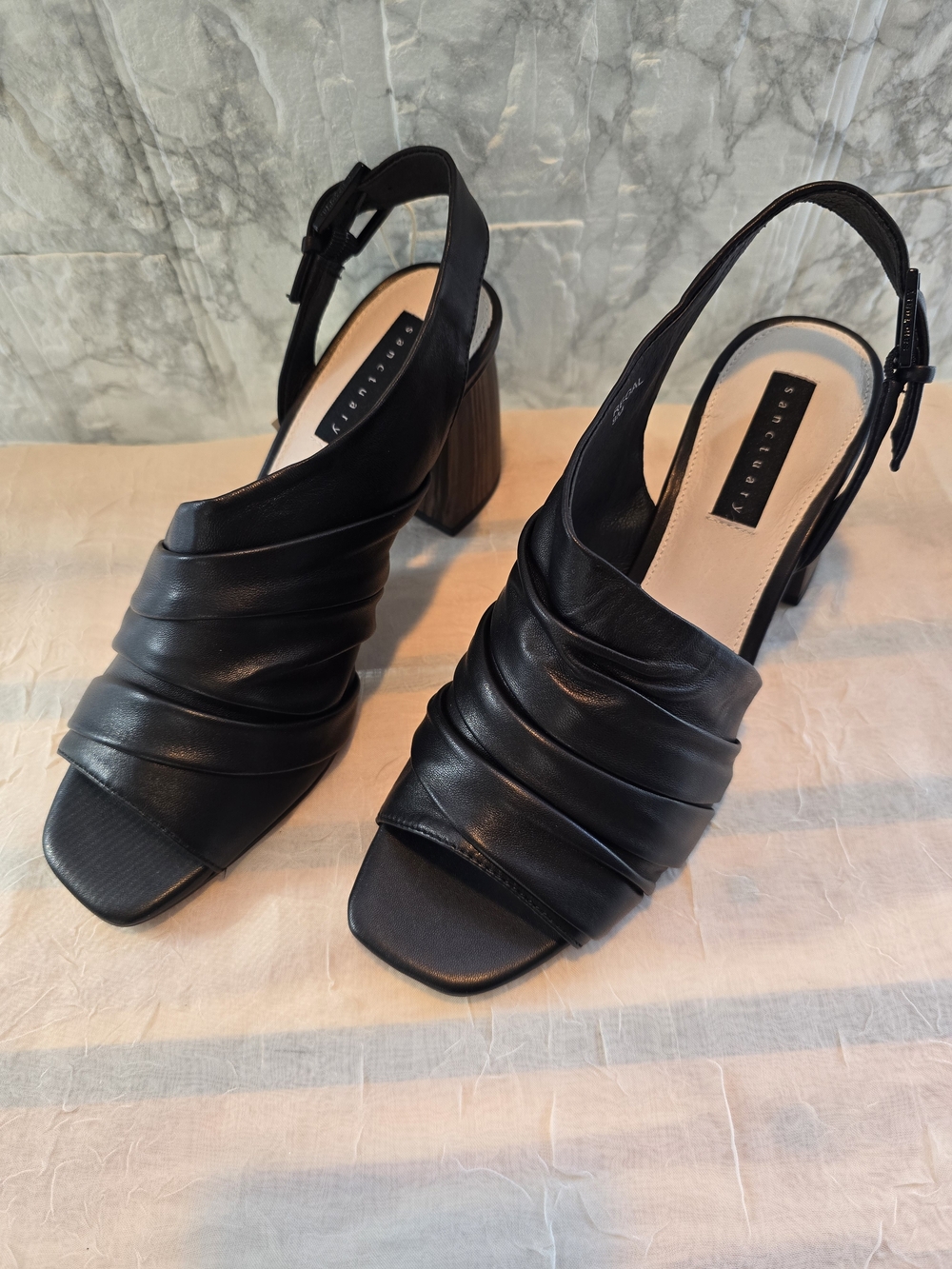 Samctuary Ruched Black Slingback Block Heel Sandals - Women's
